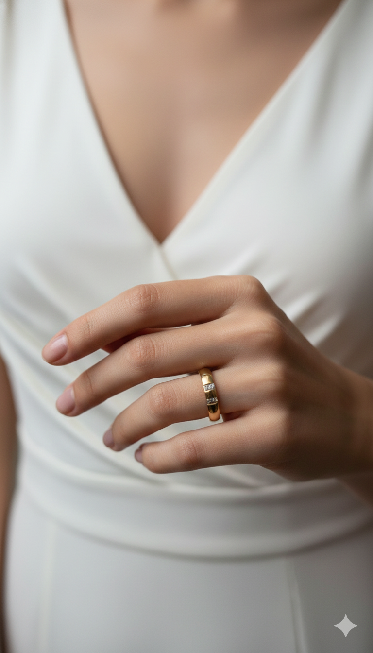 Ruh Gold Band Ring with Diamond Accent – 18K Gold Plated Non Adjustable Ring