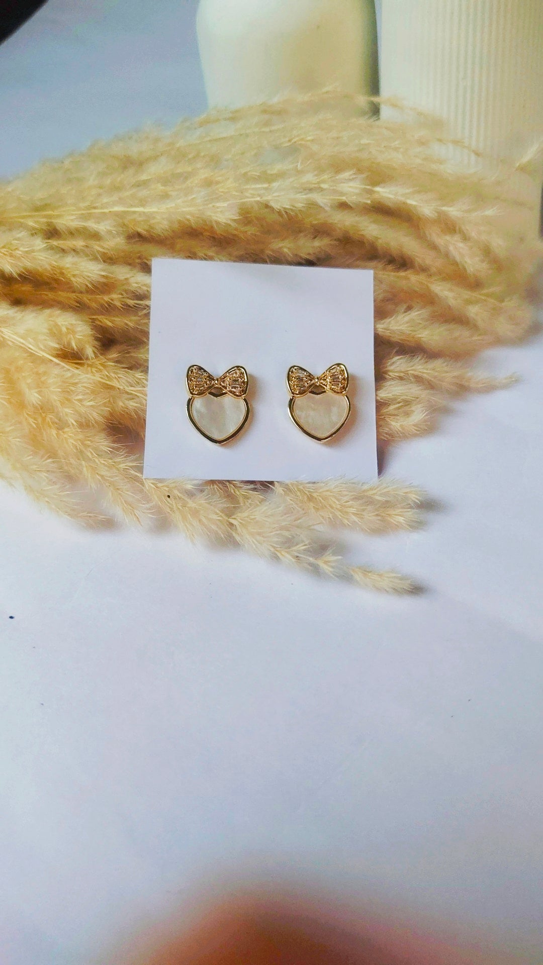 Golden Bow Heart Stud Earrings – Mother of Pearl Finish | Cute Minimal Daily Wear Earrings