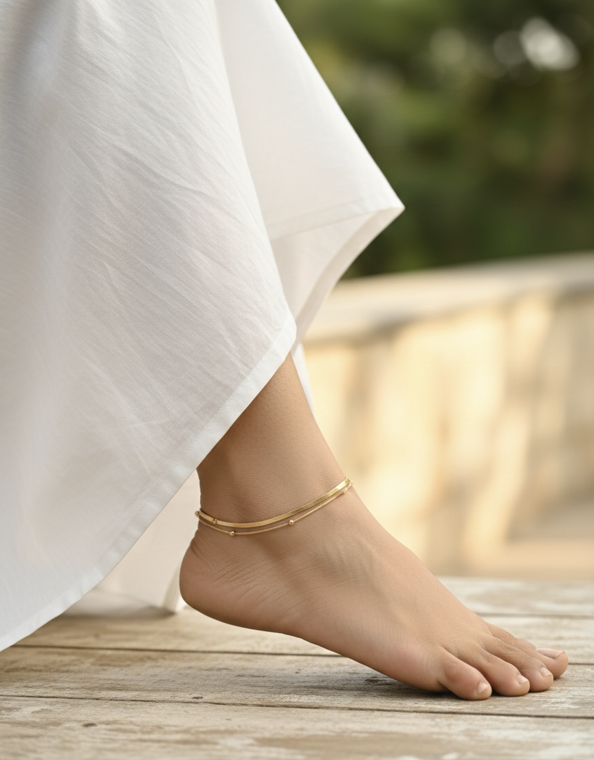 Minimalist Double Layer Gold Anklet – Dainty Beaded Chain, Anti-Tarnish Stainless Steel