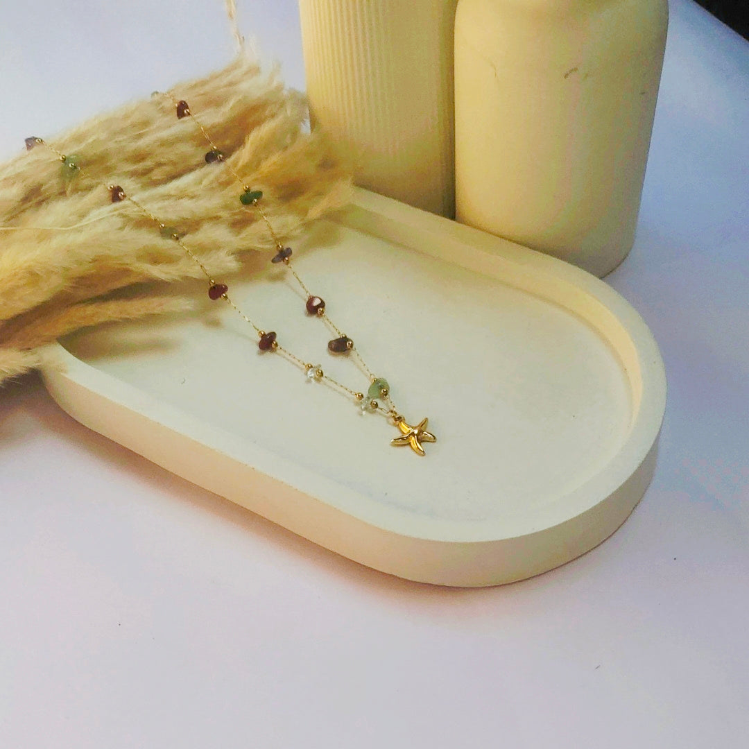 Starfish Charm Necklace with Multicolor Beads – Gold Anti-Tarnish Stainless Steel Beach Jewelry