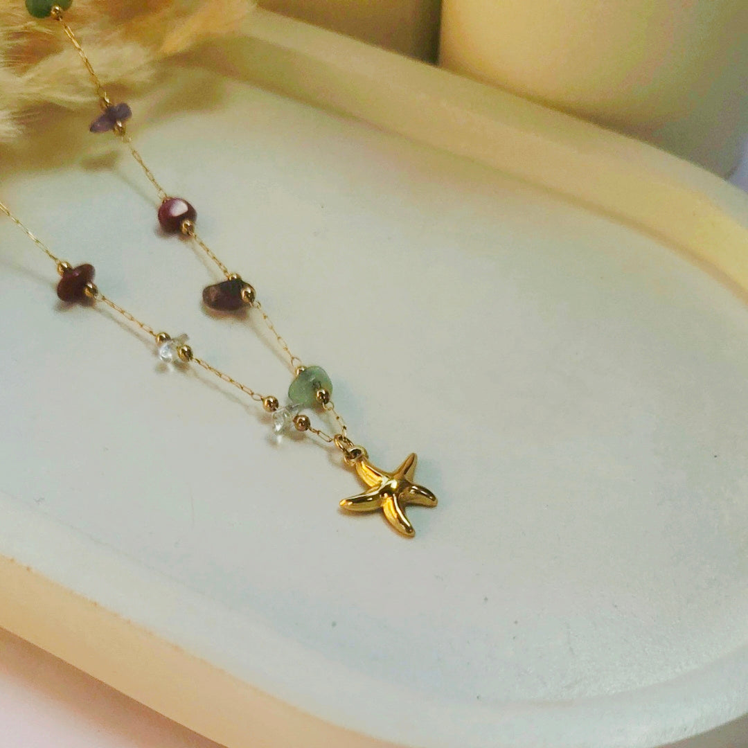 Starfish Charm Necklace with Multicolor Beads – Gold Anti-Tarnish Stainless Steel Beach Jewelry
