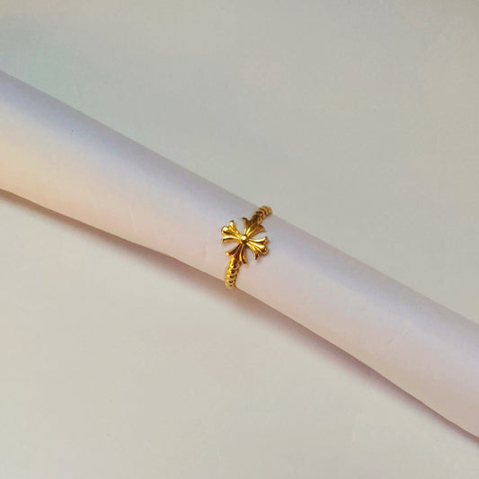 Gold Cross Flower Ring – Dainty Adjustable Beaded Band for Women