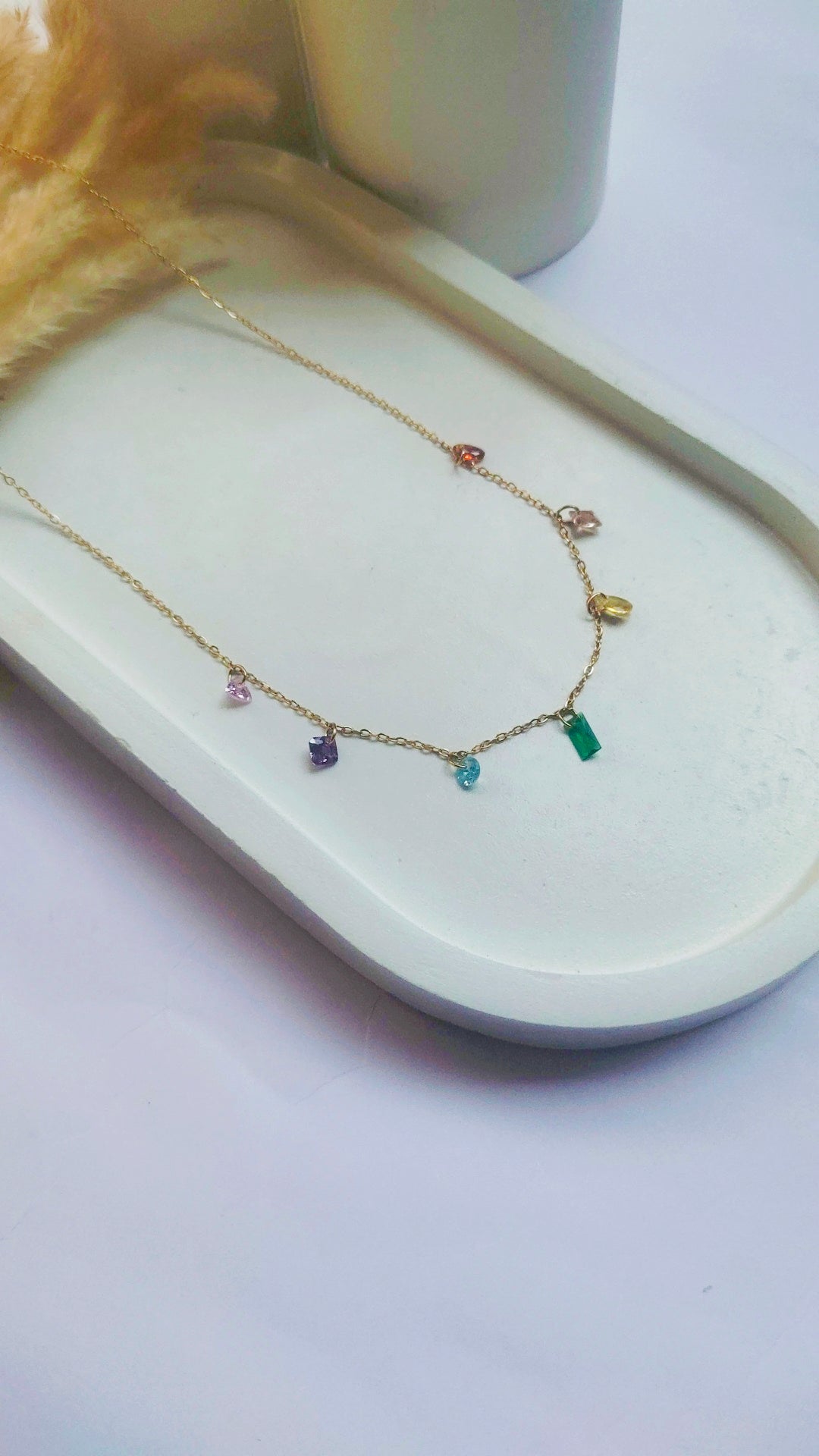 Rainbow Crystal Charm Necklace – 316L Stainless Steel | Waterproof & Anti-Tarnish Minimal Necklace