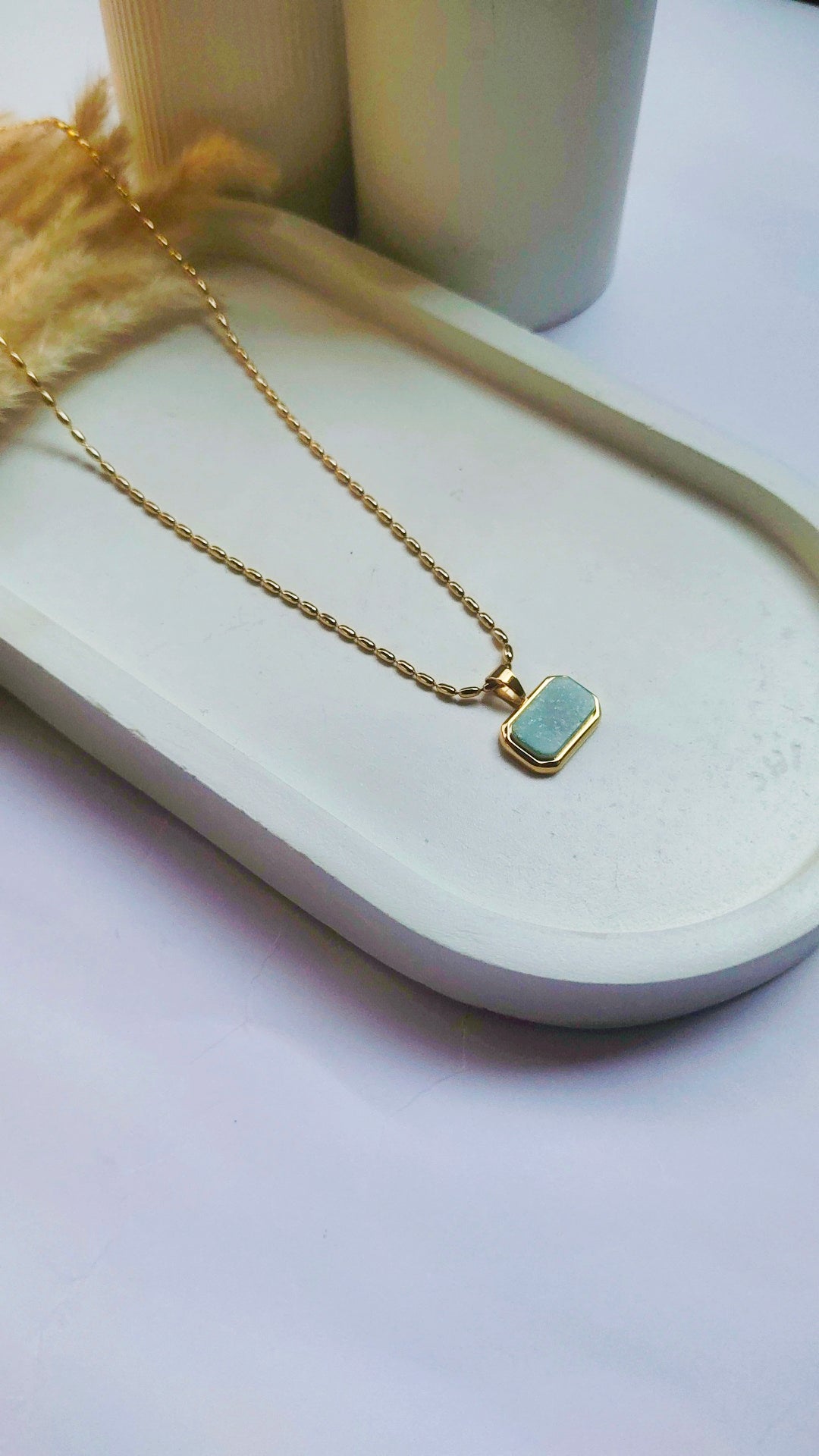 Aqua Mist Rectangular Pendant Necklace – 18K Gold Plated | Minimal Anti-Tarnish Chain for Everyday Wear