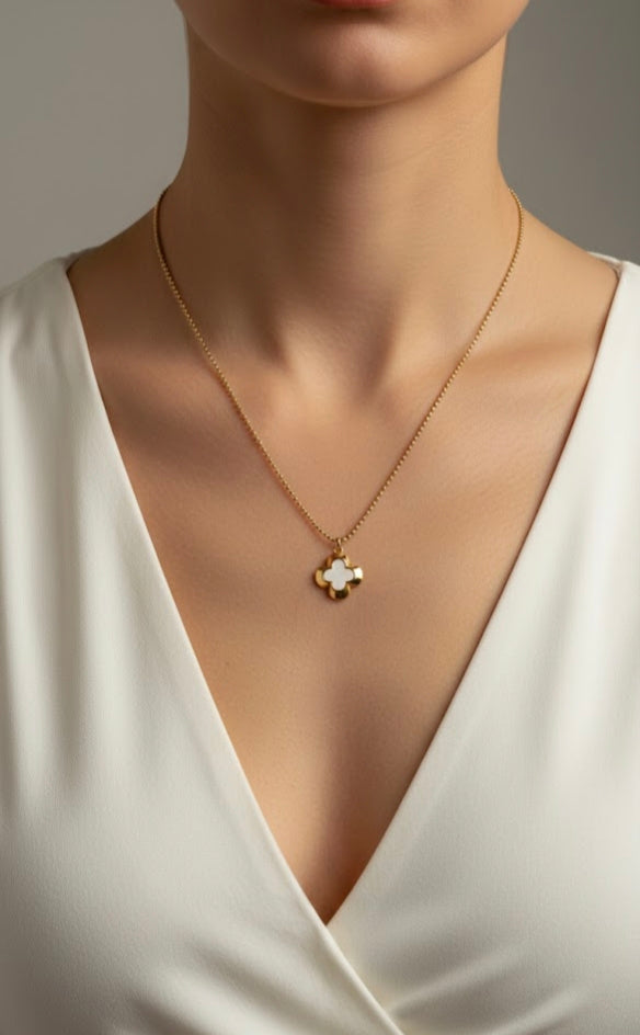 Minimal Gold Clover Pendant Necklace – White Mother of Pearl | Anti-Tarnish 316L Stainless Steel