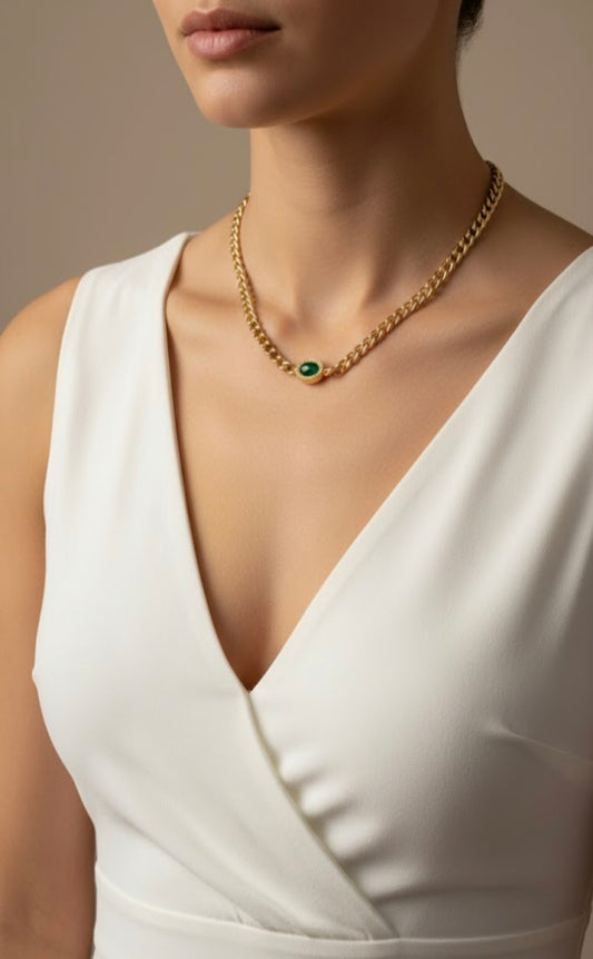 Gold Curb Chain Necklace – 316L Stainless Steel with Green Stone Pendant