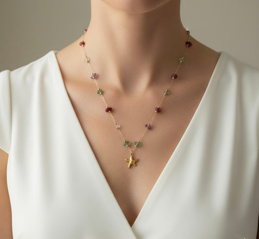 Starfish Charm Necklace with Multicolor Beads – Gold Anti-Tarnish Stainless Steel Beach Jewelry
