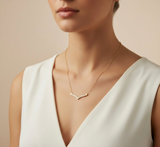 Dainty Gold V Bar Necklace – Minimalist CZ Pendant – Delicate Layering Necklace for Women