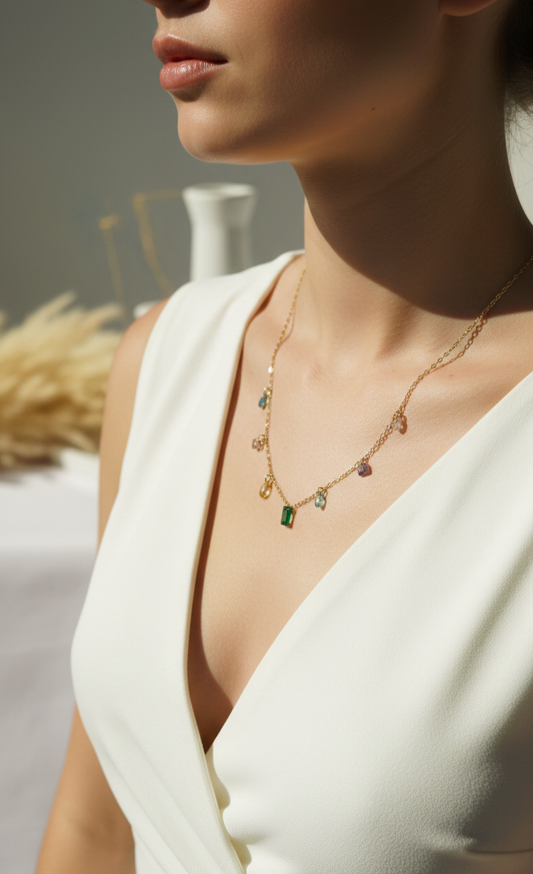 Rainbow Crystal Charm Necklace – 316L Stainless Steel | Waterproof & Anti-Tarnish Minimal Necklace