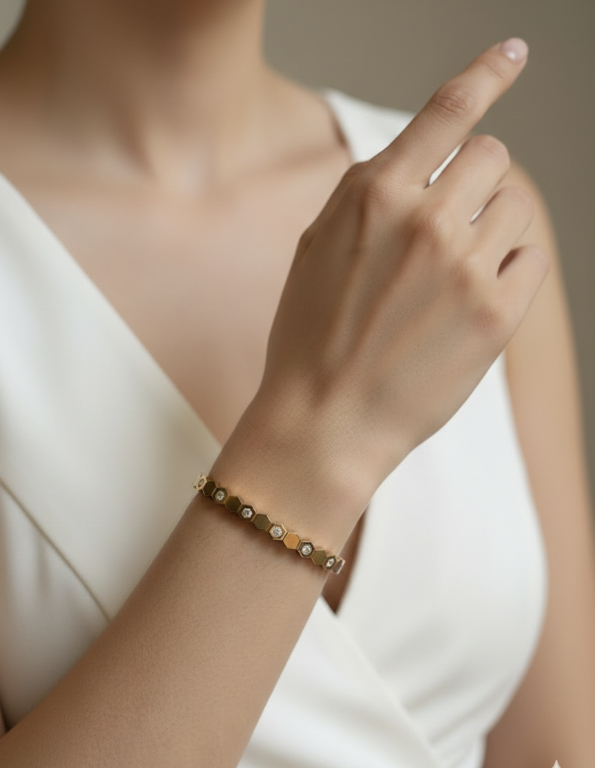 “Rumiya” 18K Gold Plated CZ Hexagon Openable Bangle