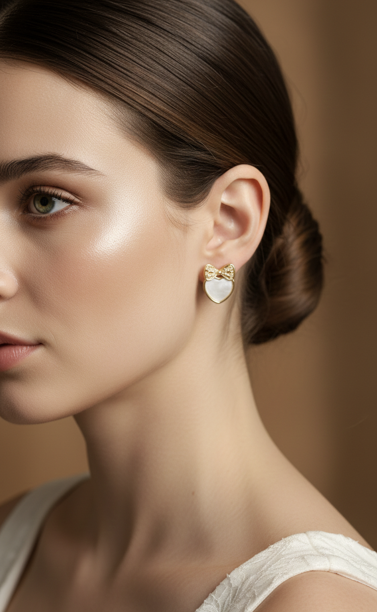 Golden Bow Heart Stud Earrings – Mother of Pearl Finish | Cute Minimal Daily Wear Earrings