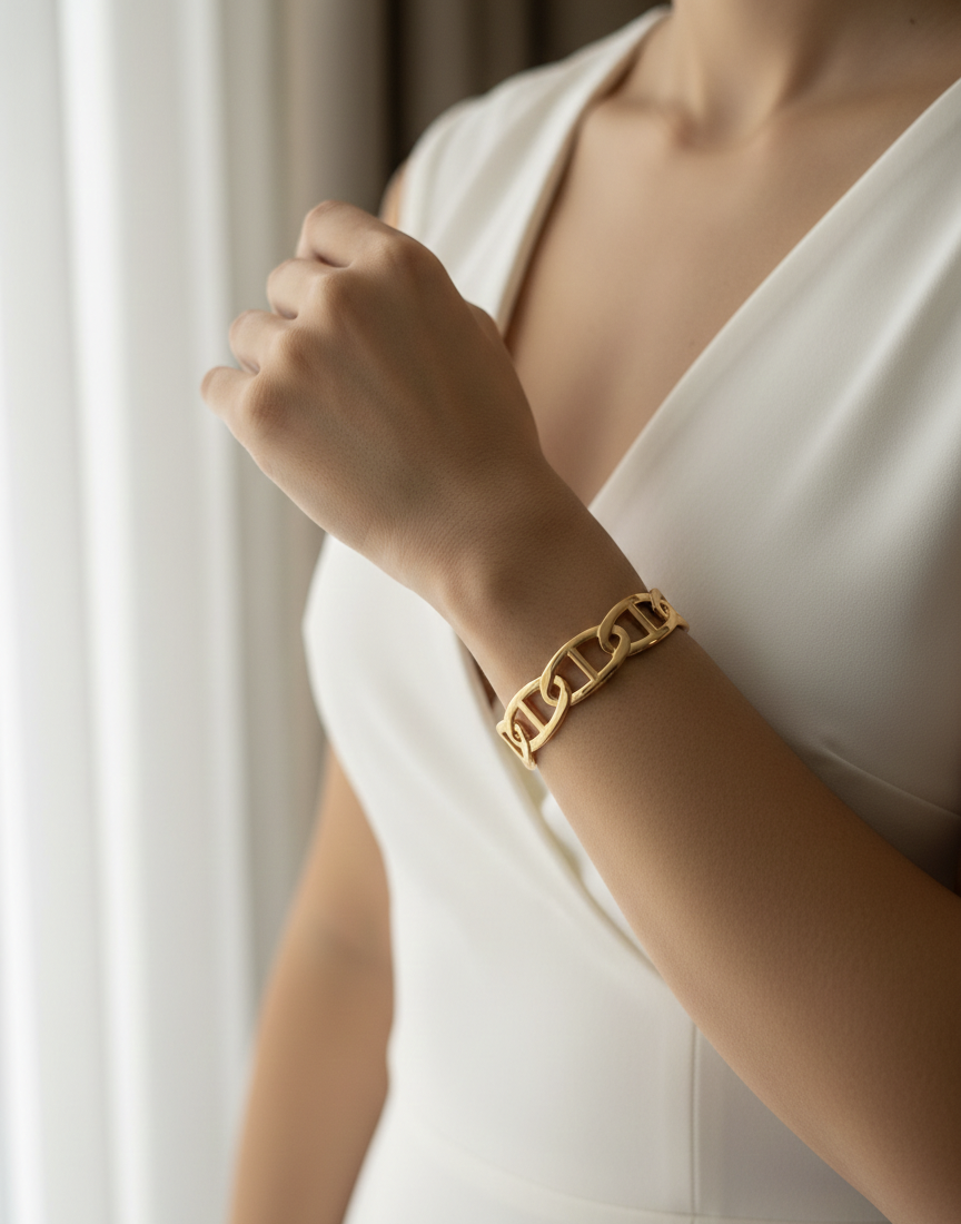 18K Gold Plated Chain Link Cuff Bangle – Anti-Tarnish Stainless Steel Bracelet