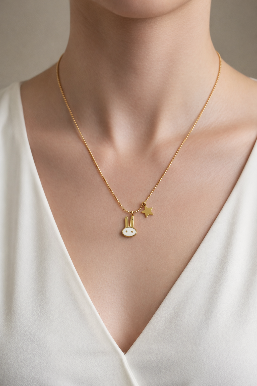 316L Stainless Steel Bunny & Star Pendant Necklace – 18K Gold Plated | Anti-Tarnish Minimal Charm Chain