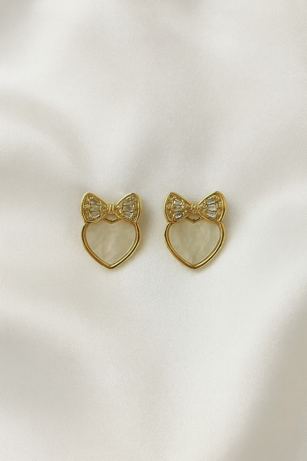 Golden Bow Heart Stud Earrings – Mother of Pearl Finish | Cute Minimal Daily Wear Earrings