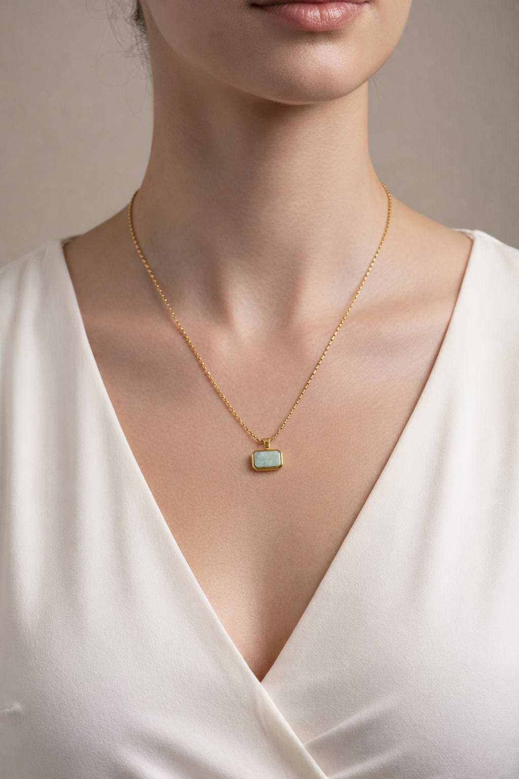 Aqua Mist Rectangular Pendant Necklace – 18K Gold Plated | Minimal Anti-Tarnish Chain for Everyday Wear