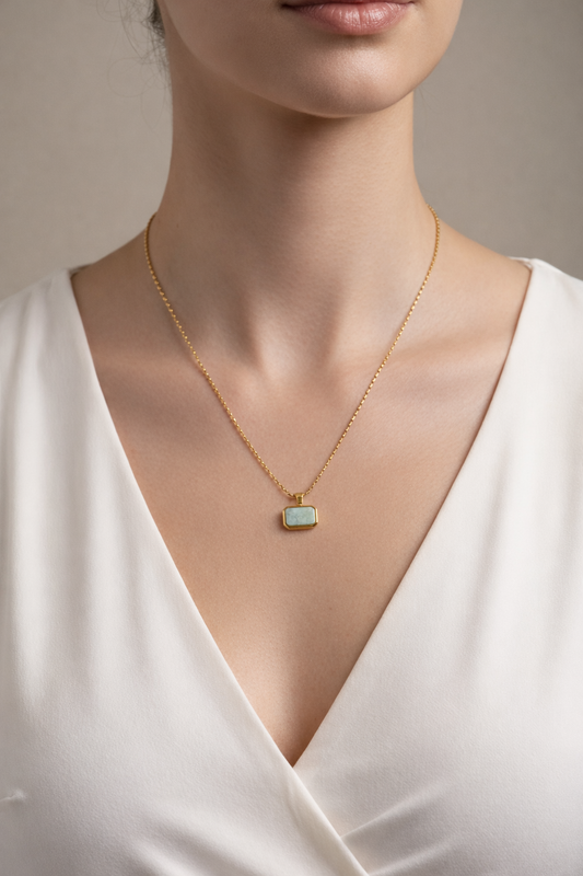 Aqua Mist Rectangular Pendant Necklace – 18K Gold Plated | Minimal Anti-Tarnish Chain for Everyday Wear
