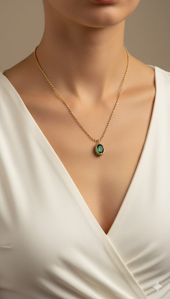 Emerald Green Oval Pendant Necklace – Anti-Tarnish 18K Gold Plated Minimal Chain
