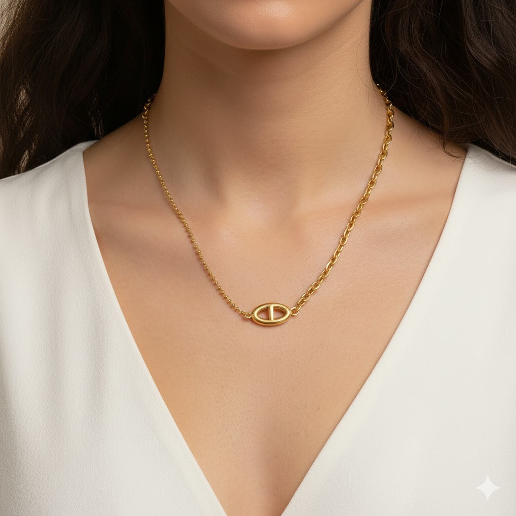 Minimalist Oval Pendant dual chain Necklace – Gold Anti-Tarnish Stainless Steel Chain